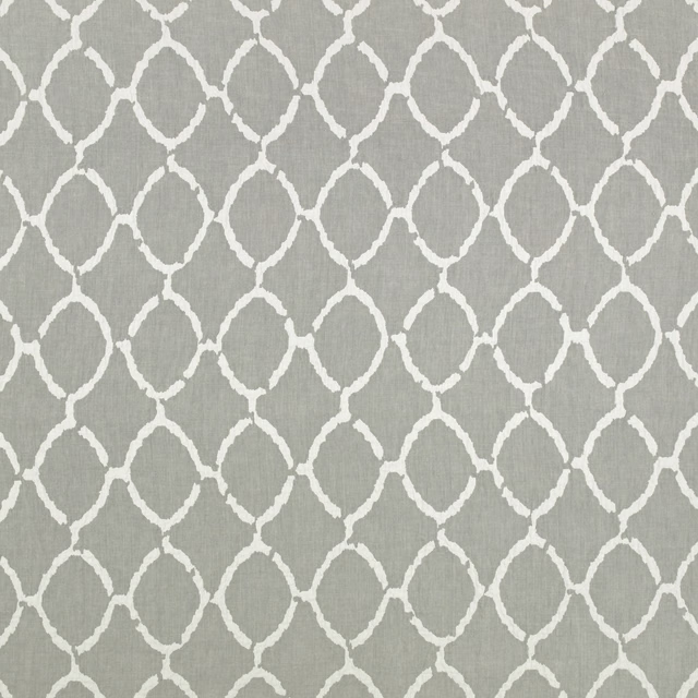 Mist-grey woven fabric with an ivory interlocking lattice and subtle slub texture