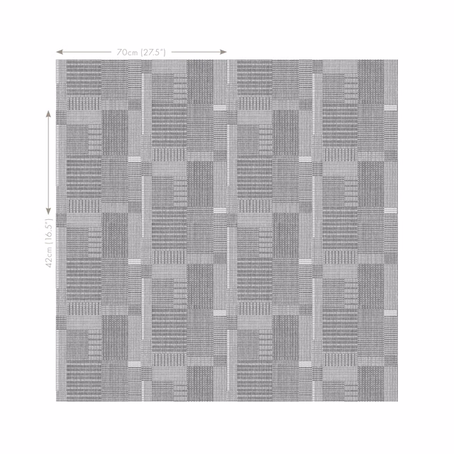 Soft grey textile with interlocking striped and gridded rectangular blocks