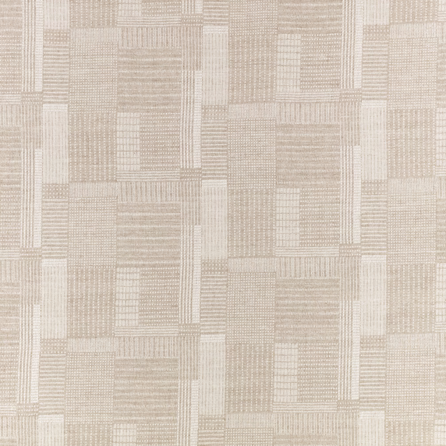 Warm white and pale sand woven fabric with a low-contrast rectangular block pattern