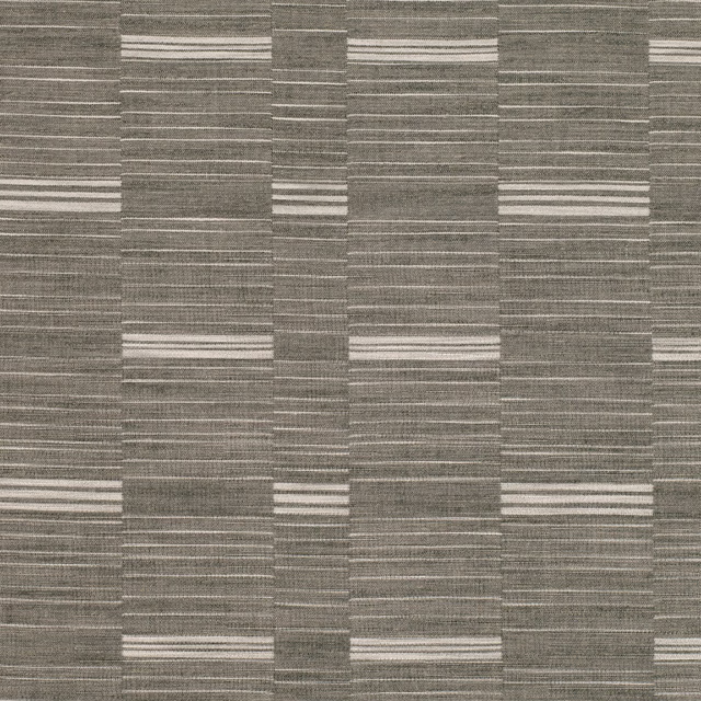 Cool gunmetal woven fabric with offset rectangular blocks and pale horizontal stripes