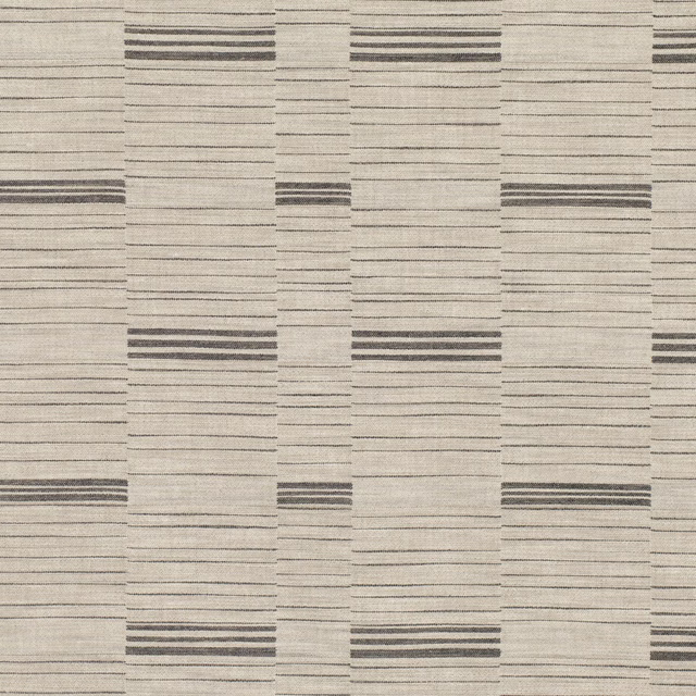 Parchment beige woven fabric with offset charcoal horizontal stripe blocks