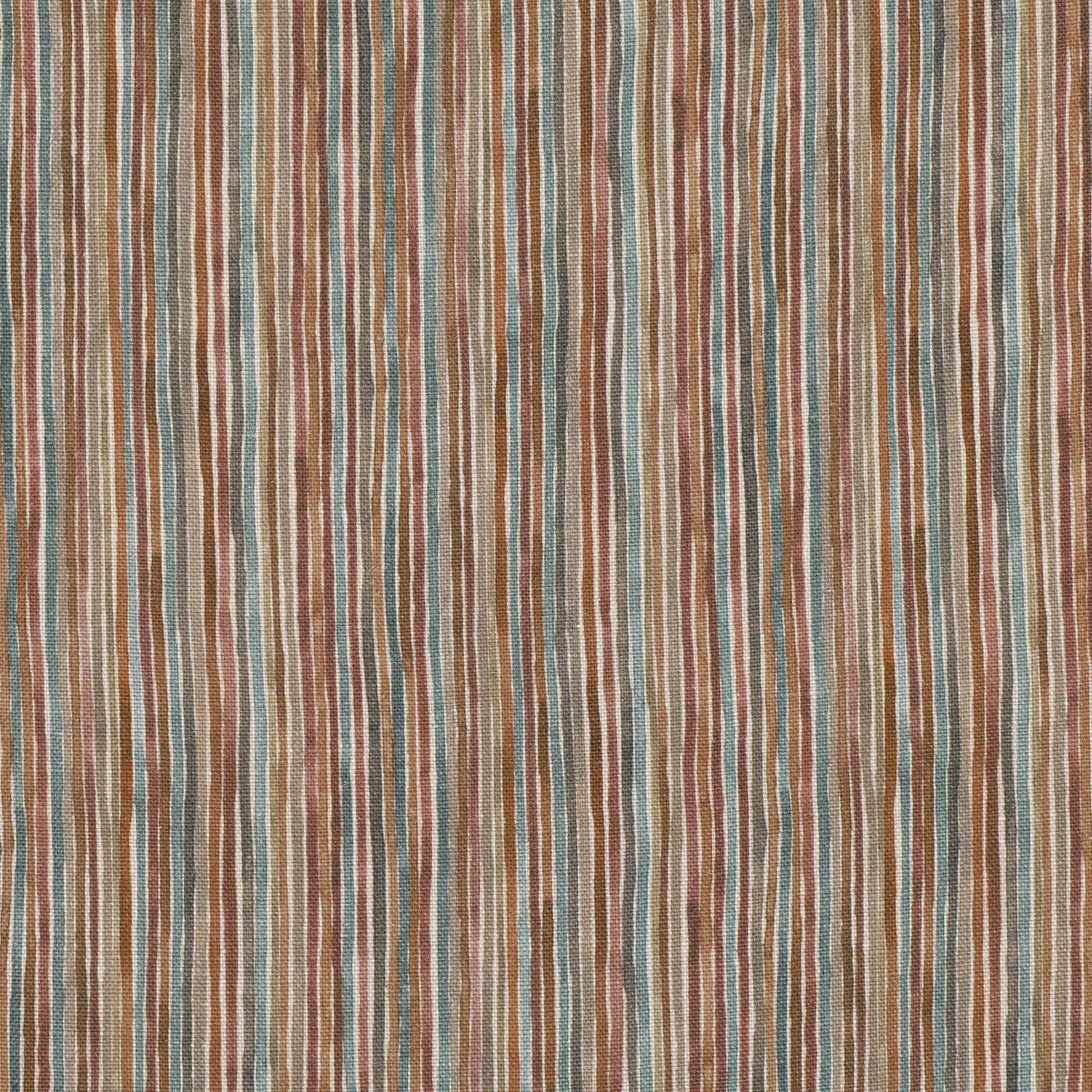 Berry, teal, cream and brown irregular vertical stripes on a textured woven fabric