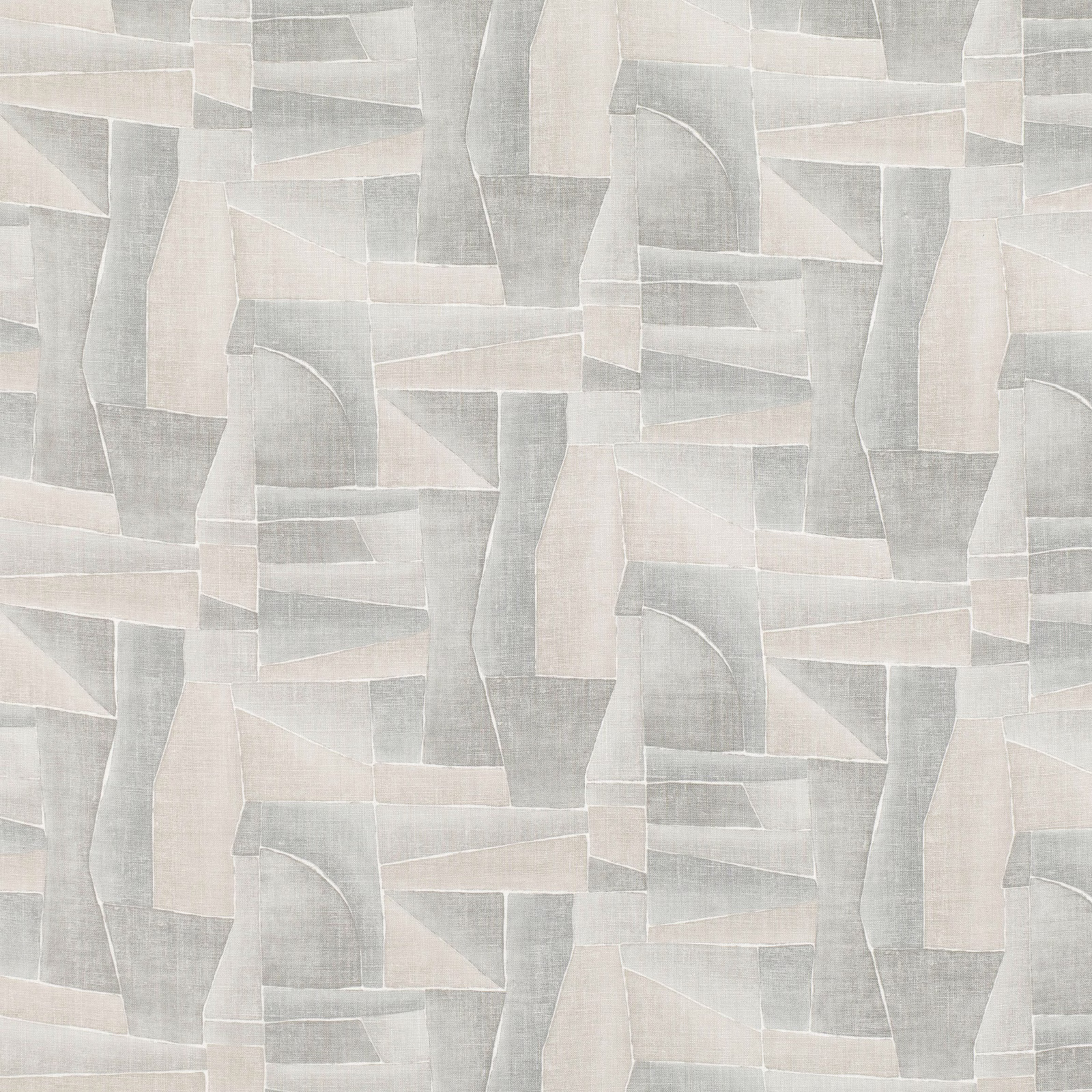 Pale dove-grey fabric with warm ivory abstract geometric panels and fine woven texture