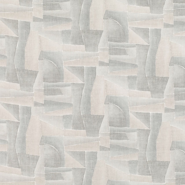 Pale dove-grey fabric with warm ivory abstract geometric panels and fine woven texture