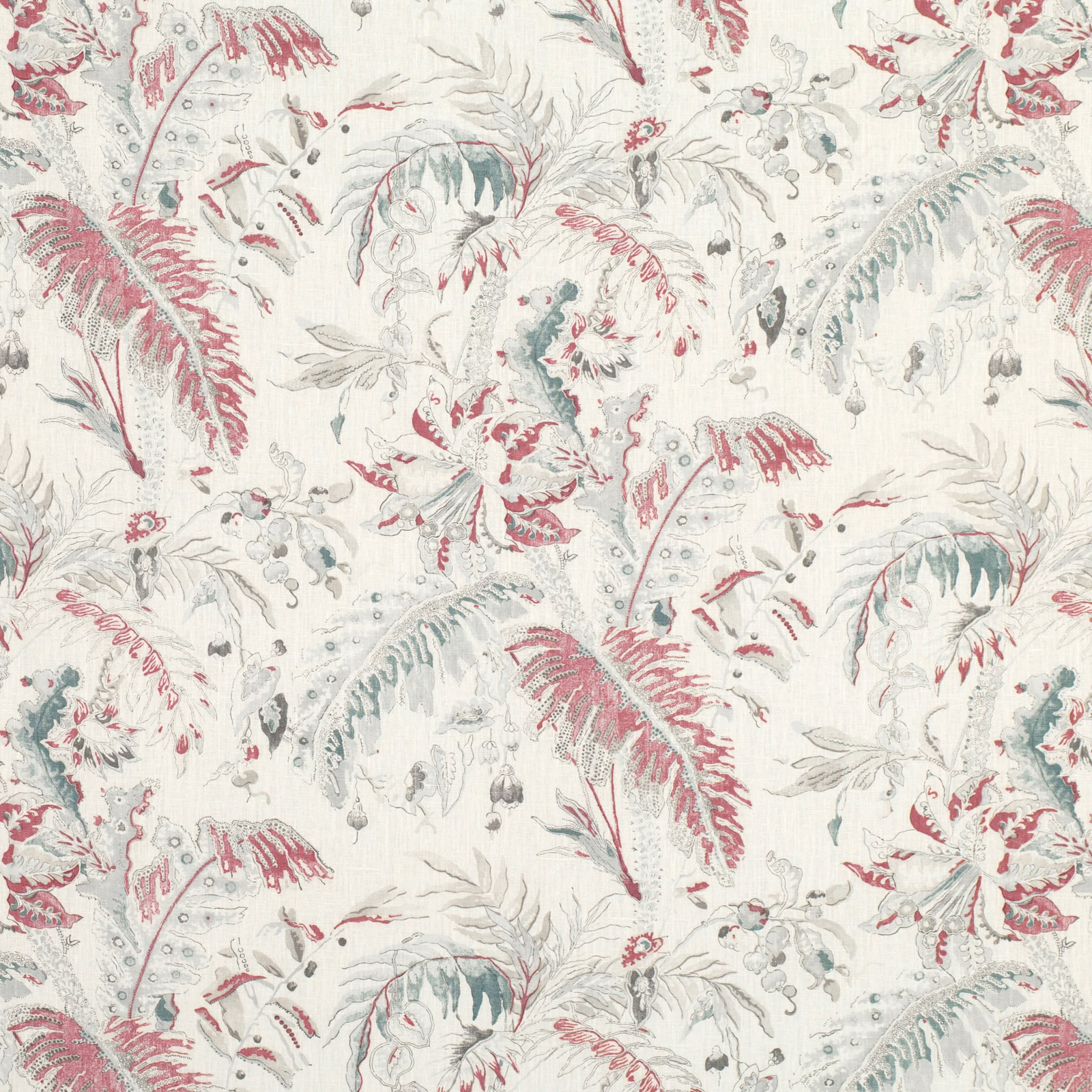 Cream botanical fabric with coral fronds, pale blue foliage and delicate grey outlines