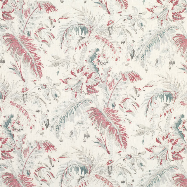 Cream botanical fabric with coral fronds, pale blue foliage and delicate grey outlines