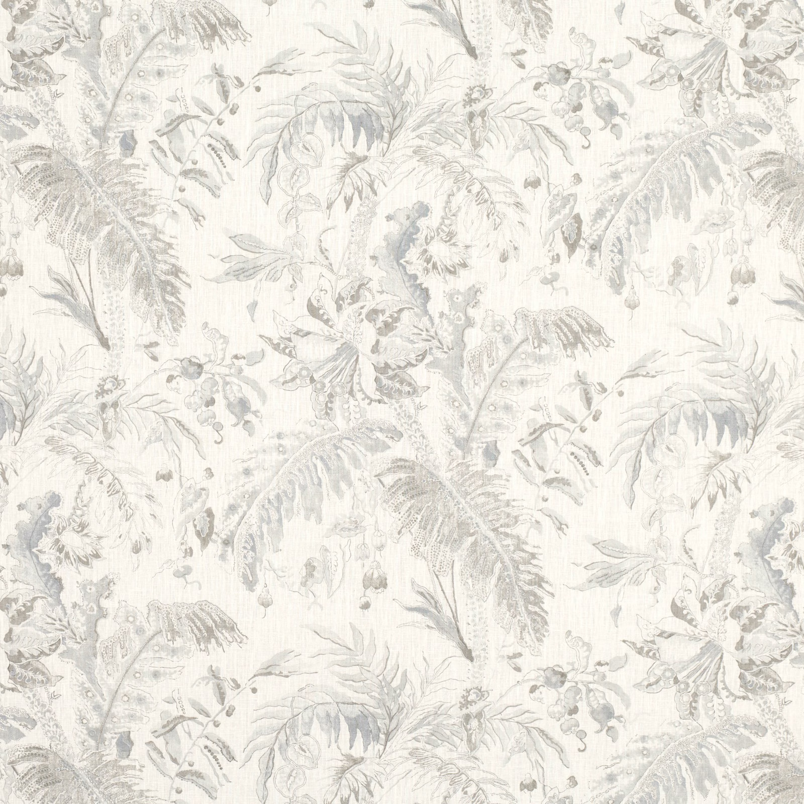 Ivory fabric with delicate dove-grey ferns, flowers and trailing botanical motifs