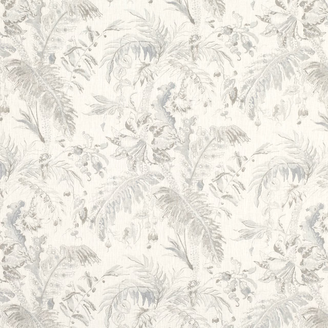 Ivory fabric with delicate dove-grey ferns, flowers and trailing botanical motifs