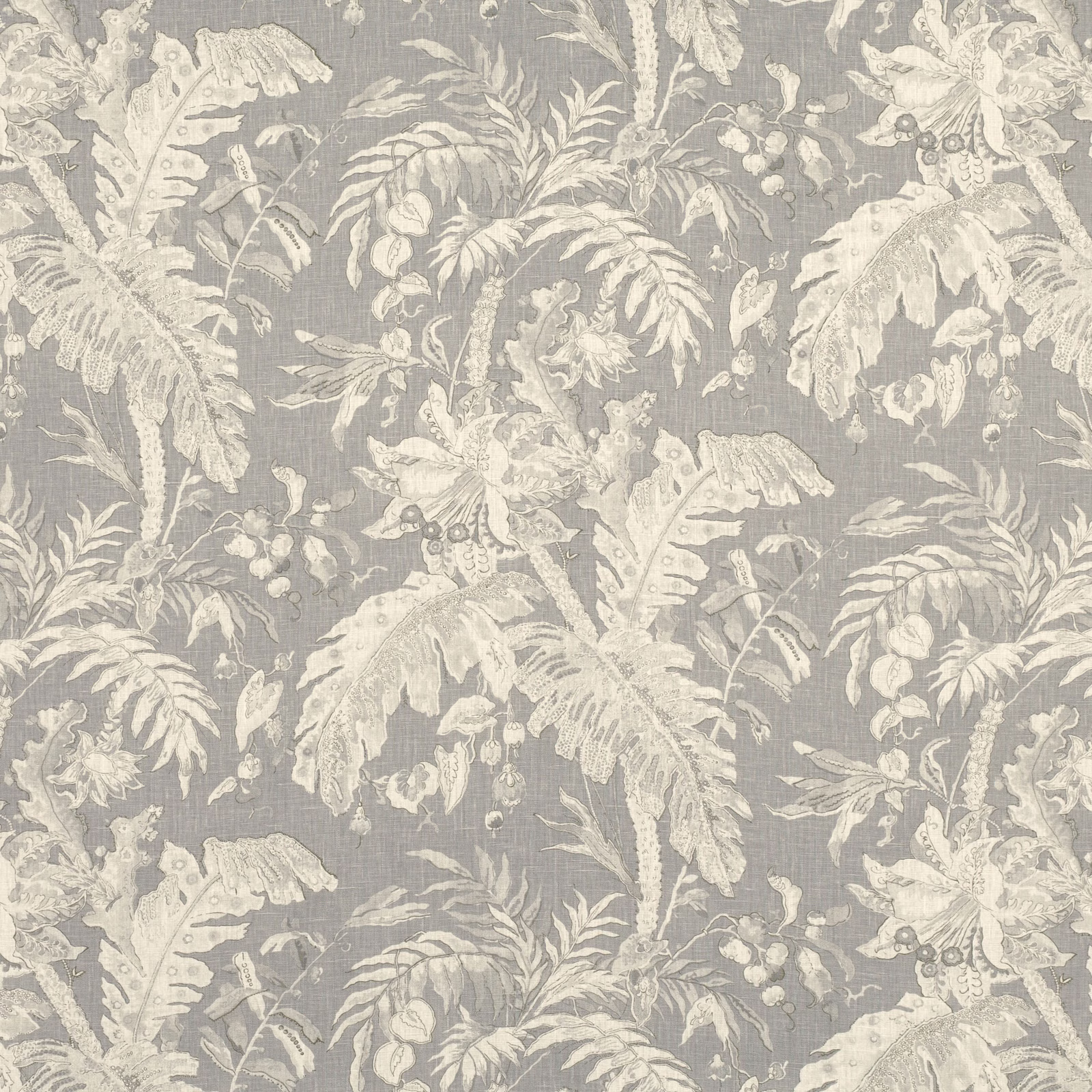 Cool grey botanical ground with ivory banana leaves, palms and trailing flowers