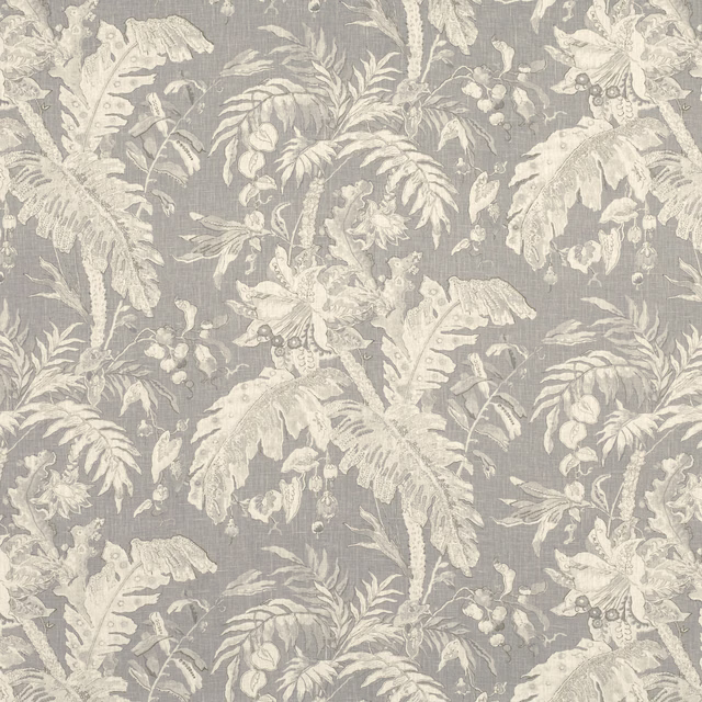 Cool grey botanical ground with ivory banana leaves, palms and trailing flowers
