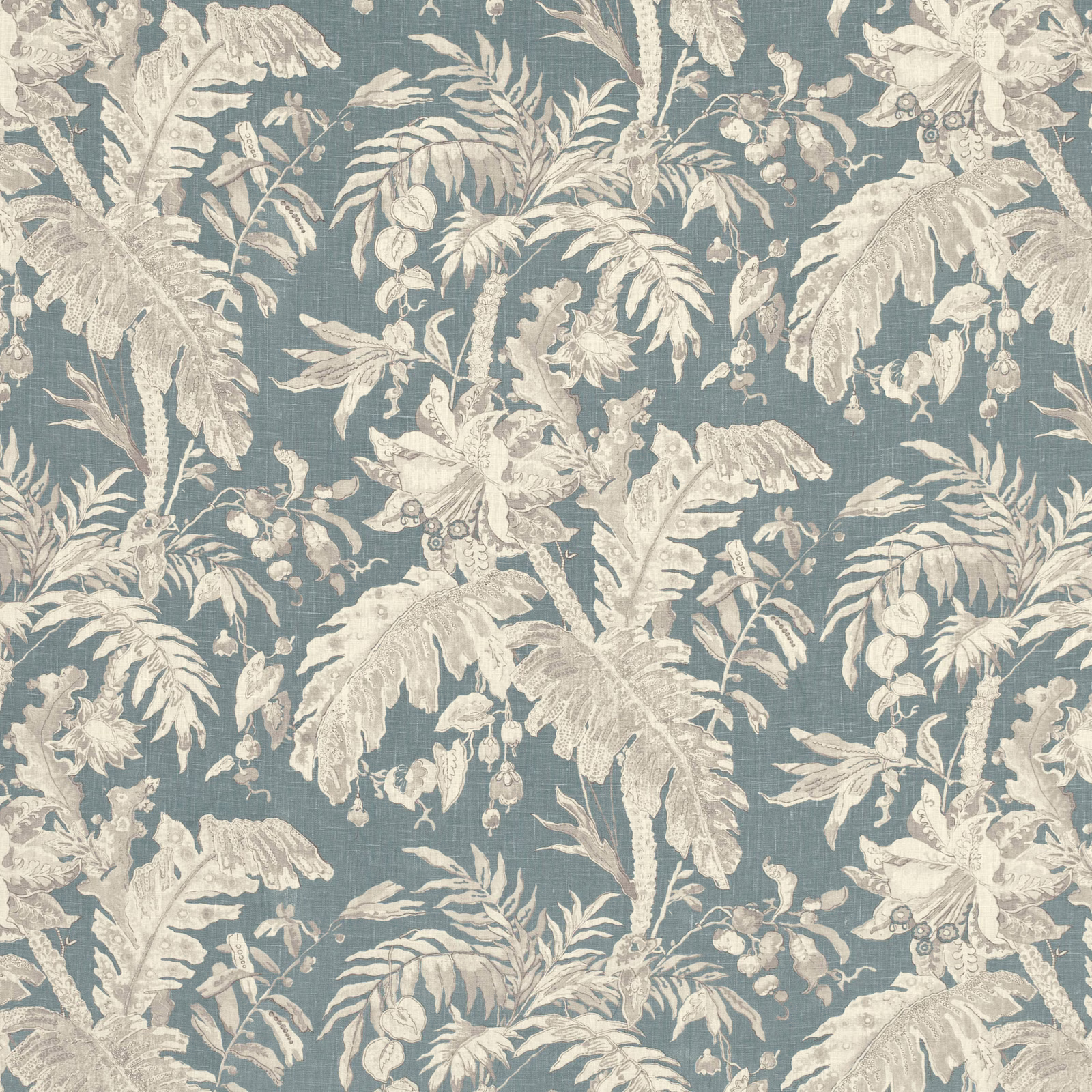 Muted teal fabric with ivory tropical leaves, palms, and clustered blossoms