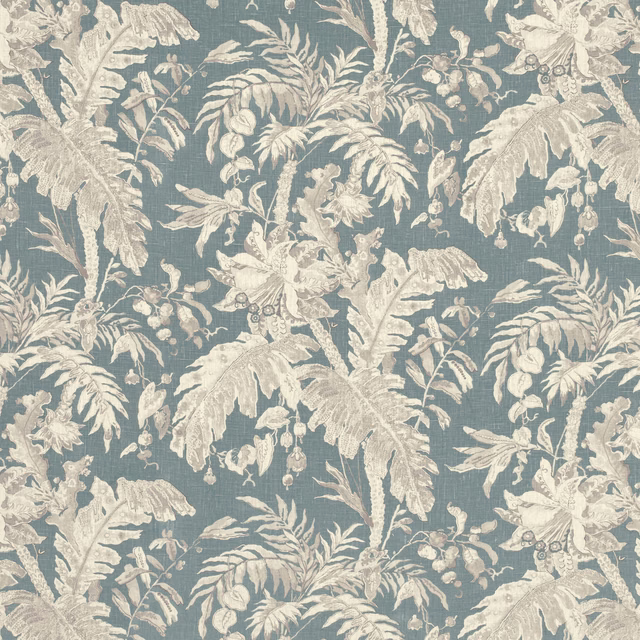 Muted teal fabric with ivory tropical leaves, palms, and clustered blossoms