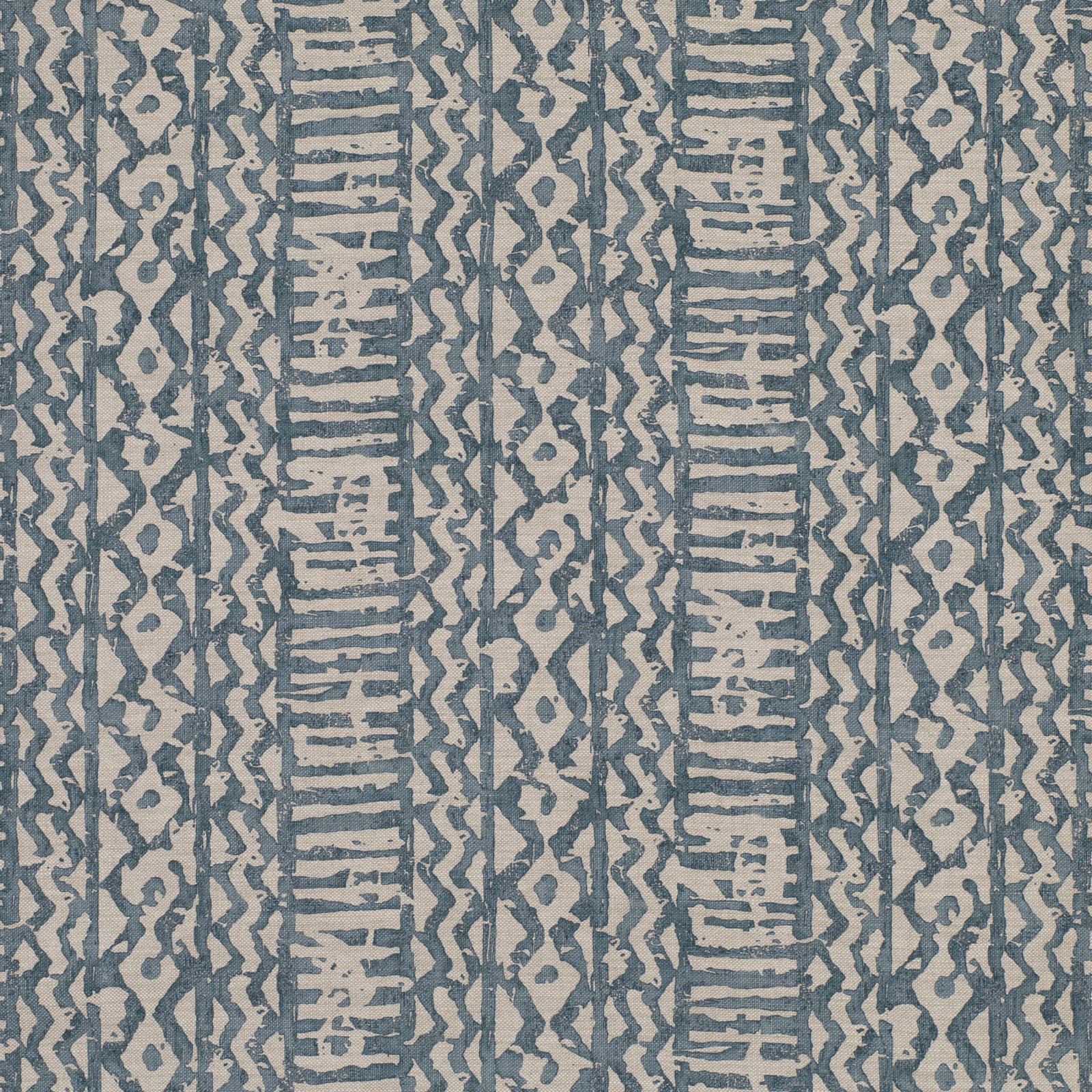 Muted blue-grey and stone geometric textile with vertical ladder and zigzag bands