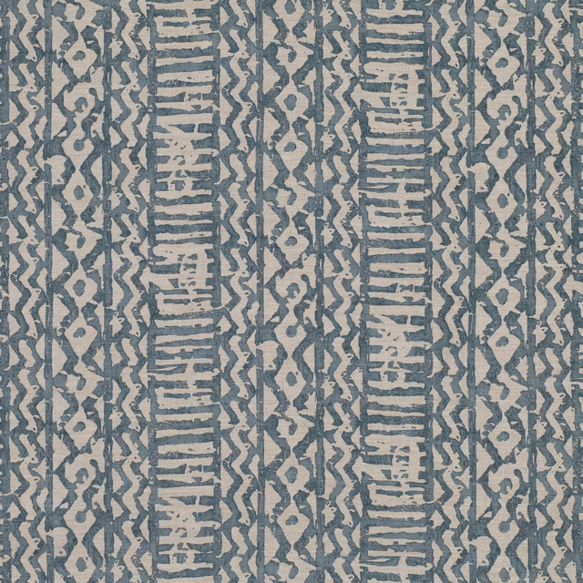 Muted blue-grey and stone geometric textile with vertical ladder and zigzag bands