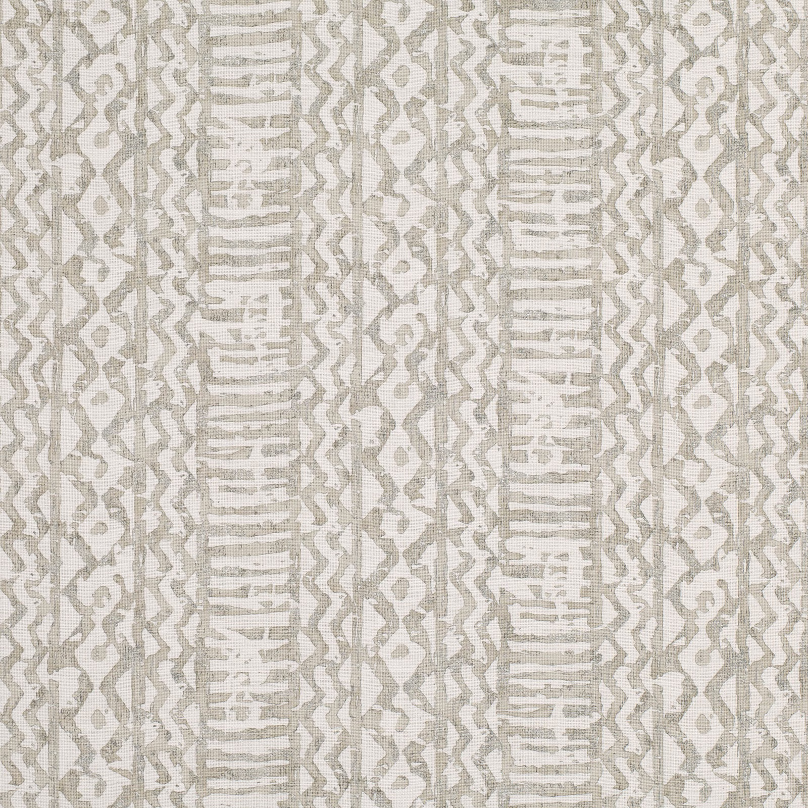 Warm vellum cream fabric with taupe-grey vertical geometric bands and mottled texture