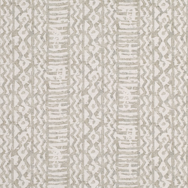Warm vellum cream fabric with taupe-grey vertical geometric bands and mottled texture