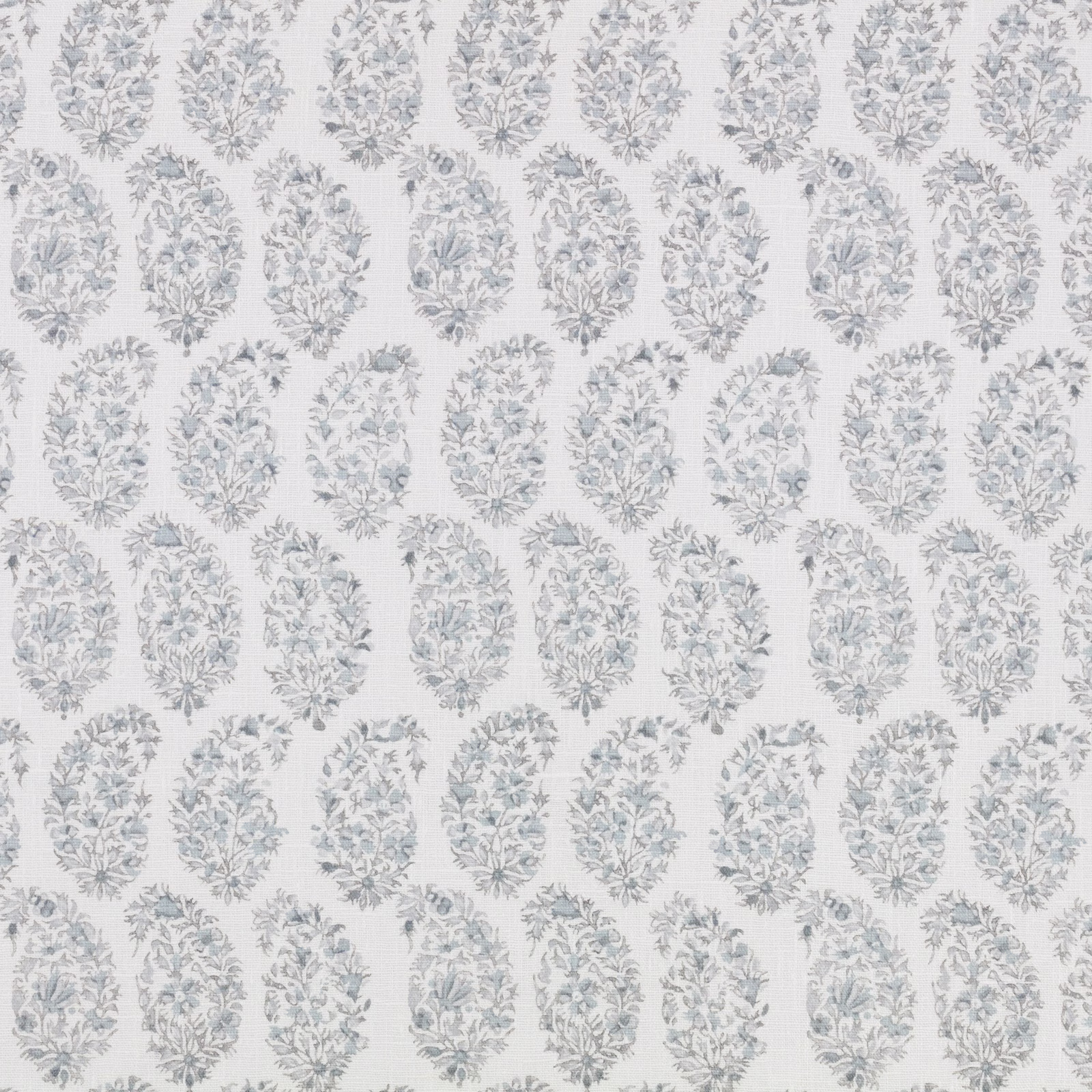 Pale dove blue-grey botanical medallions repeat across an ivory fabric ground