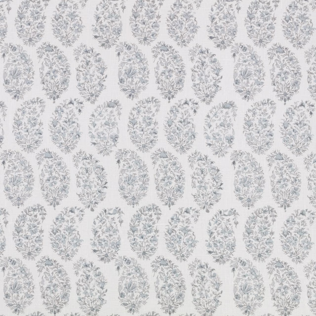 Pale dove blue-grey botanical medallions repeat across an ivory fabric ground