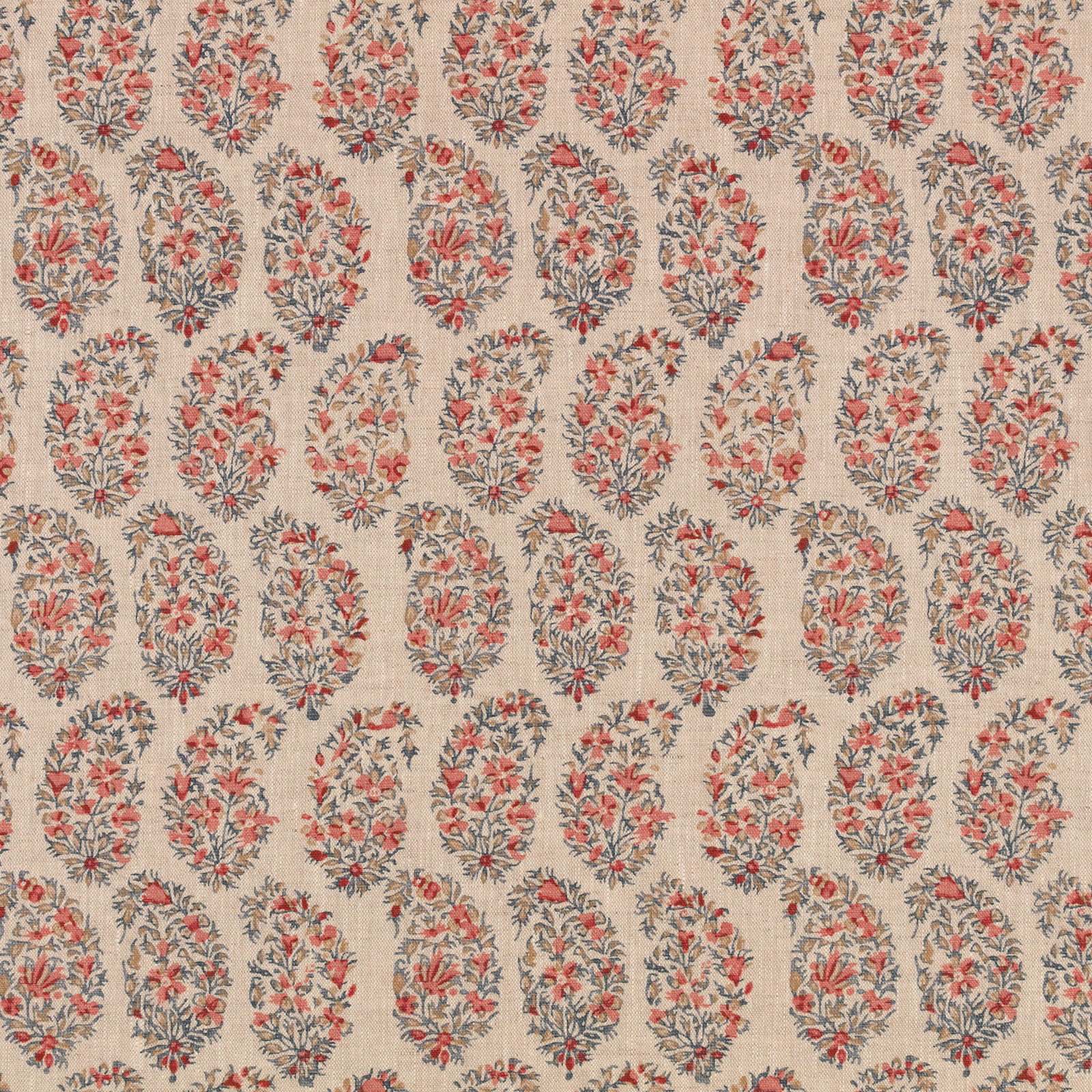 Warm beige fabric with coral-red floral sprigs and charcoal botanical outlines