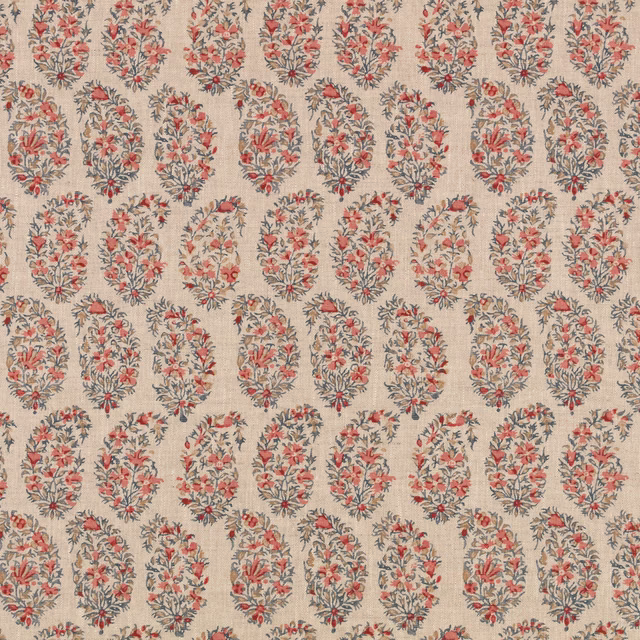 Warm beige fabric with coral-red floral sprigs and charcoal botanical outlines