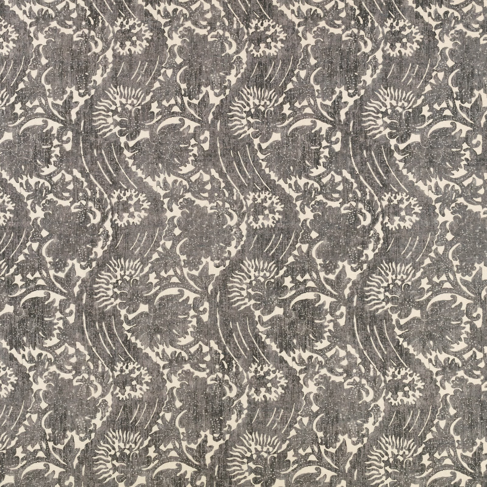 Charcoal-grey damask flowers and scrolling foliage on an ivory textured fabric ground