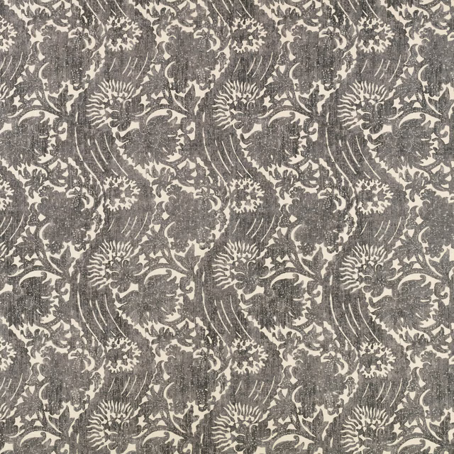 Charcoal-grey damask flowers and scrolling foliage on an ivory textured fabric ground