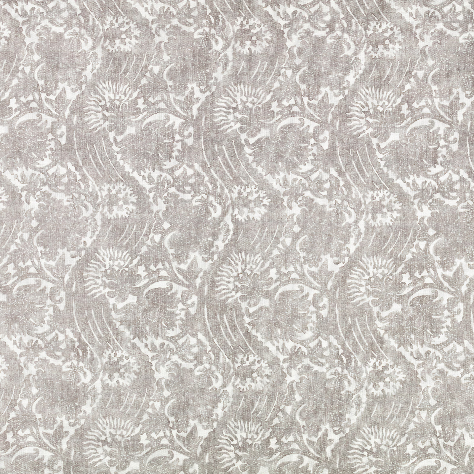 Pale elephant-grey damask with chalky florals and a softly textured surface