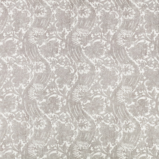 Pale elephant-grey damask with chalky florals and a softly textured surface