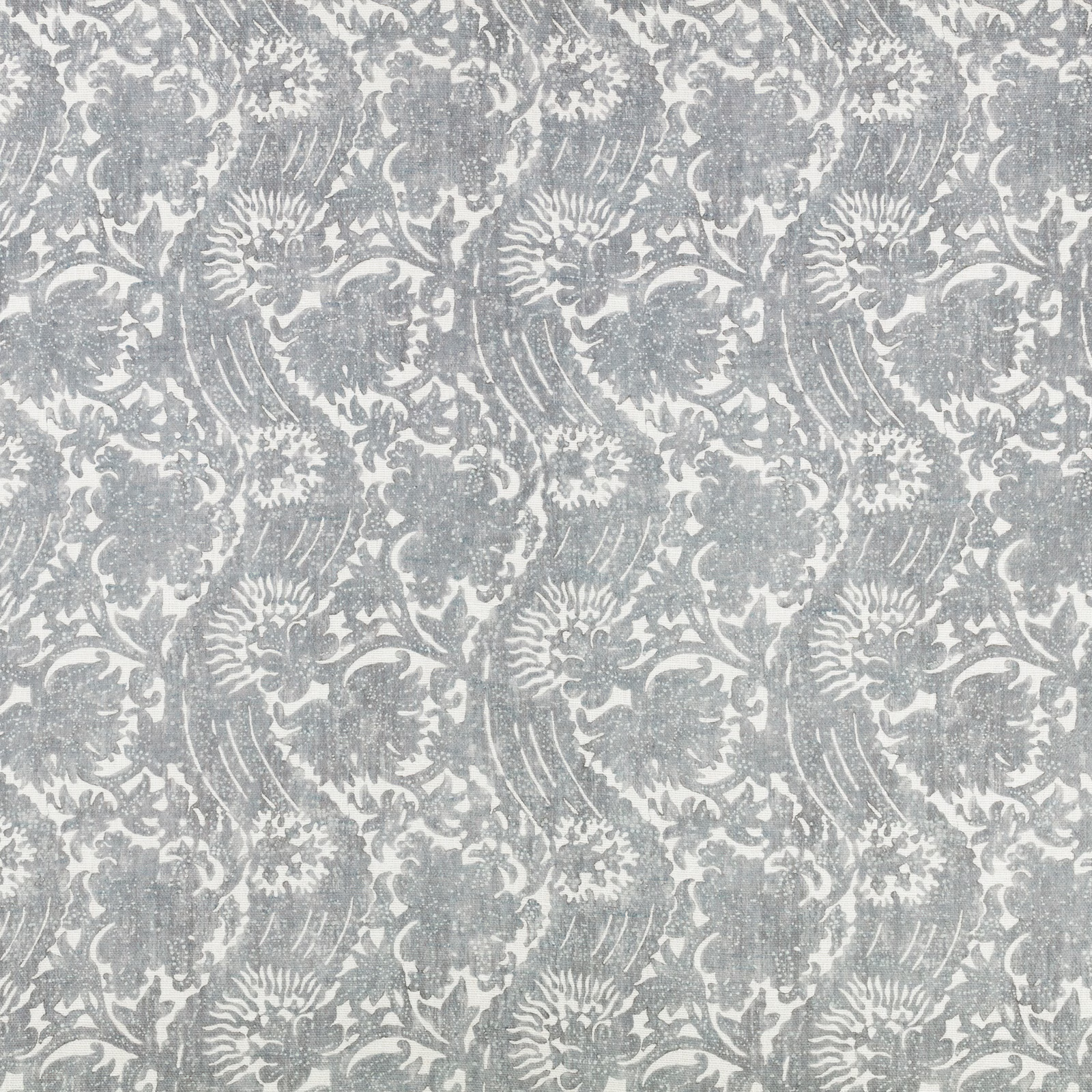 Pale grey-teal floral damask with distressed texture and sweeping botanical motifs