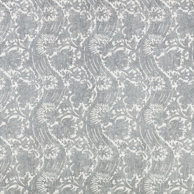 Pale grey-teal floral damask with distressed texture and sweeping botanical motifs