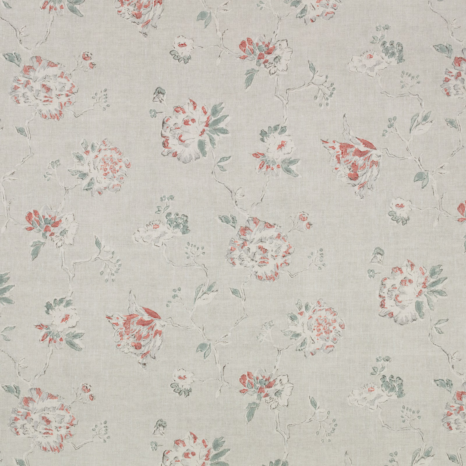 Pale grey floral fabric with coral-red blooms, sage leaves and fine woven texture