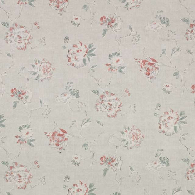 Pale grey floral fabric with coral-red blooms, sage leaves and fine woven texture