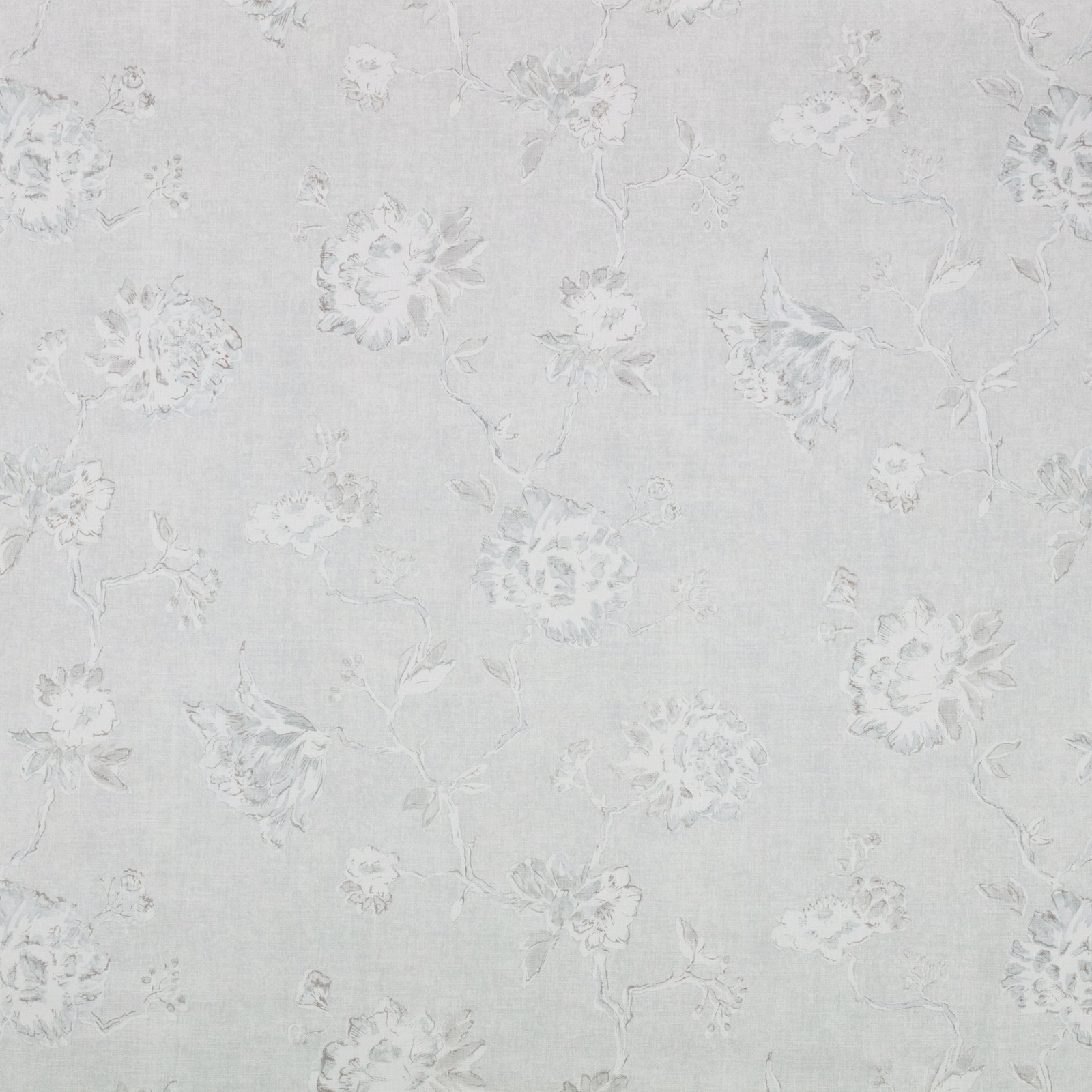 Pale dove-grey floral fabric with soft white blooms and trailing botanical stems