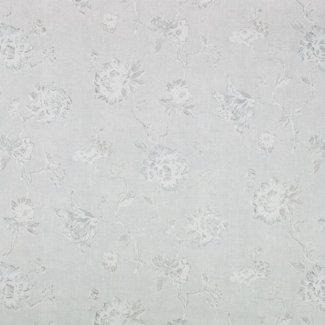 Pale dove-grey floral fabric with soft white blooms and trailing botanical stems
