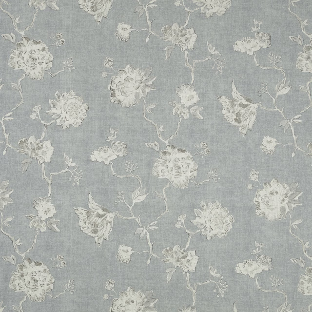 Cool blue-grey floral ground with chalky ivory flowers and fine woven texture