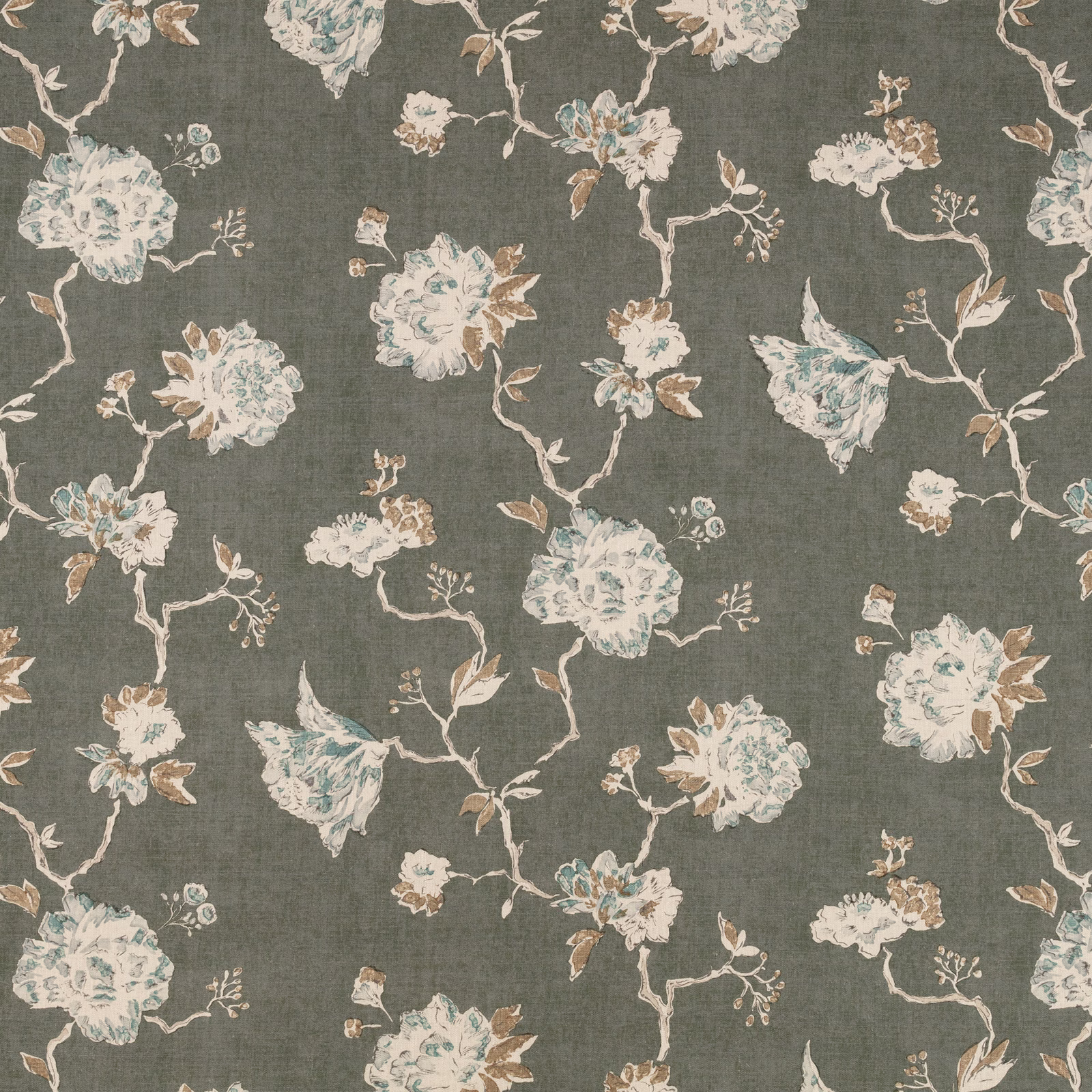 Grey-olive floral fabric with ivory blossoms, trailing stems and fine woven texture