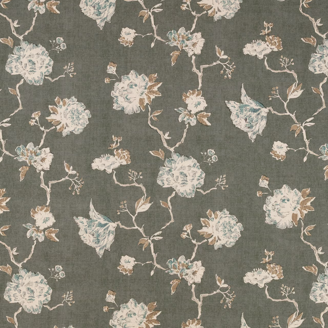 Grey-olive floral fabric with ivory blossoms, trailing stems and fine woven texture