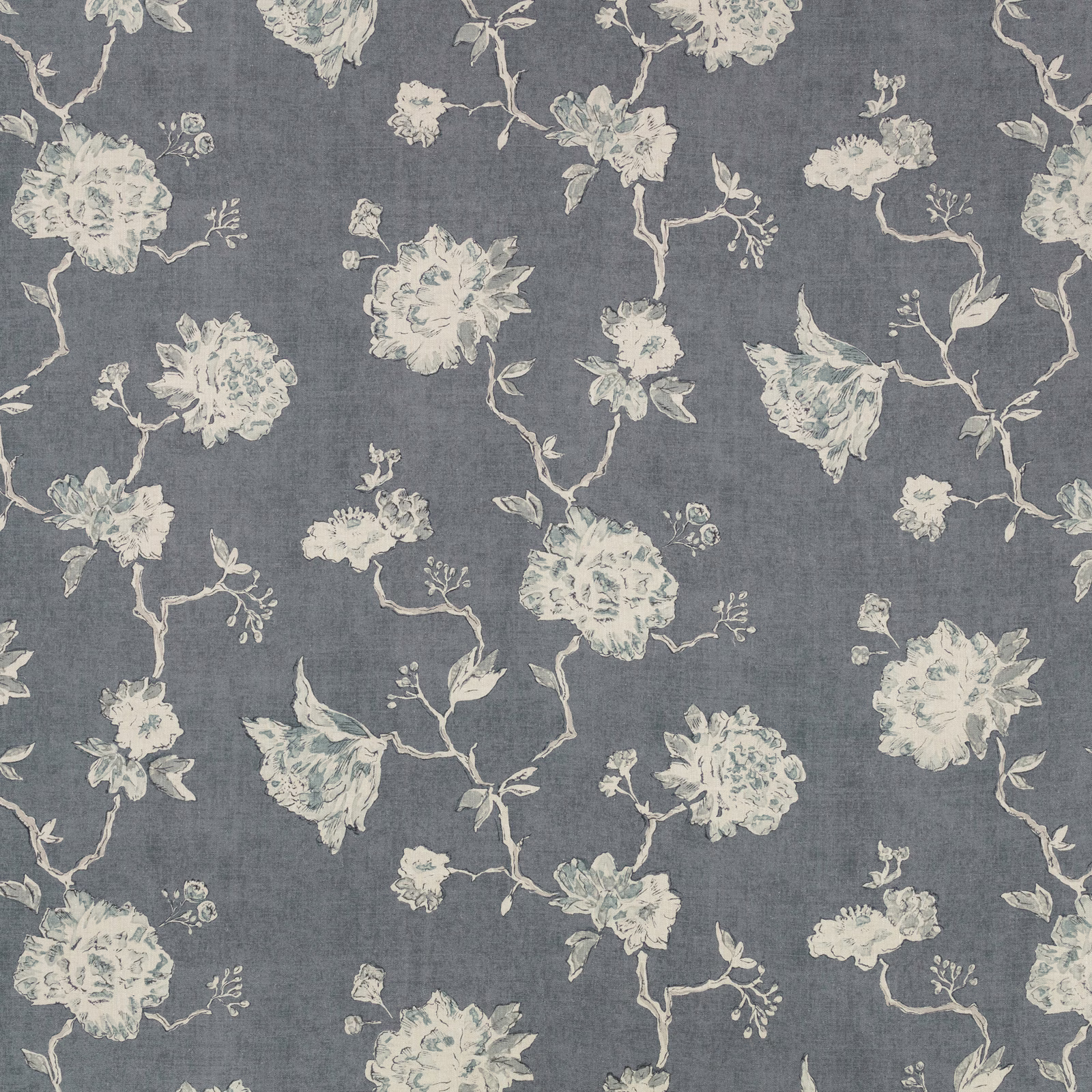 Slate blue-grey floral fabric with ivory blossoms and a softly crosshatched weave
