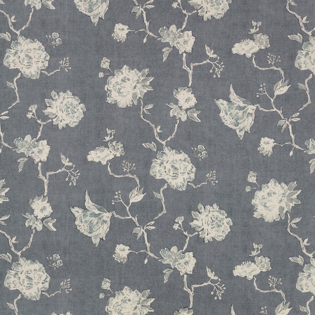 Slate blue-grey floral fabric with ivory blossoms and a softly crosshatched weave