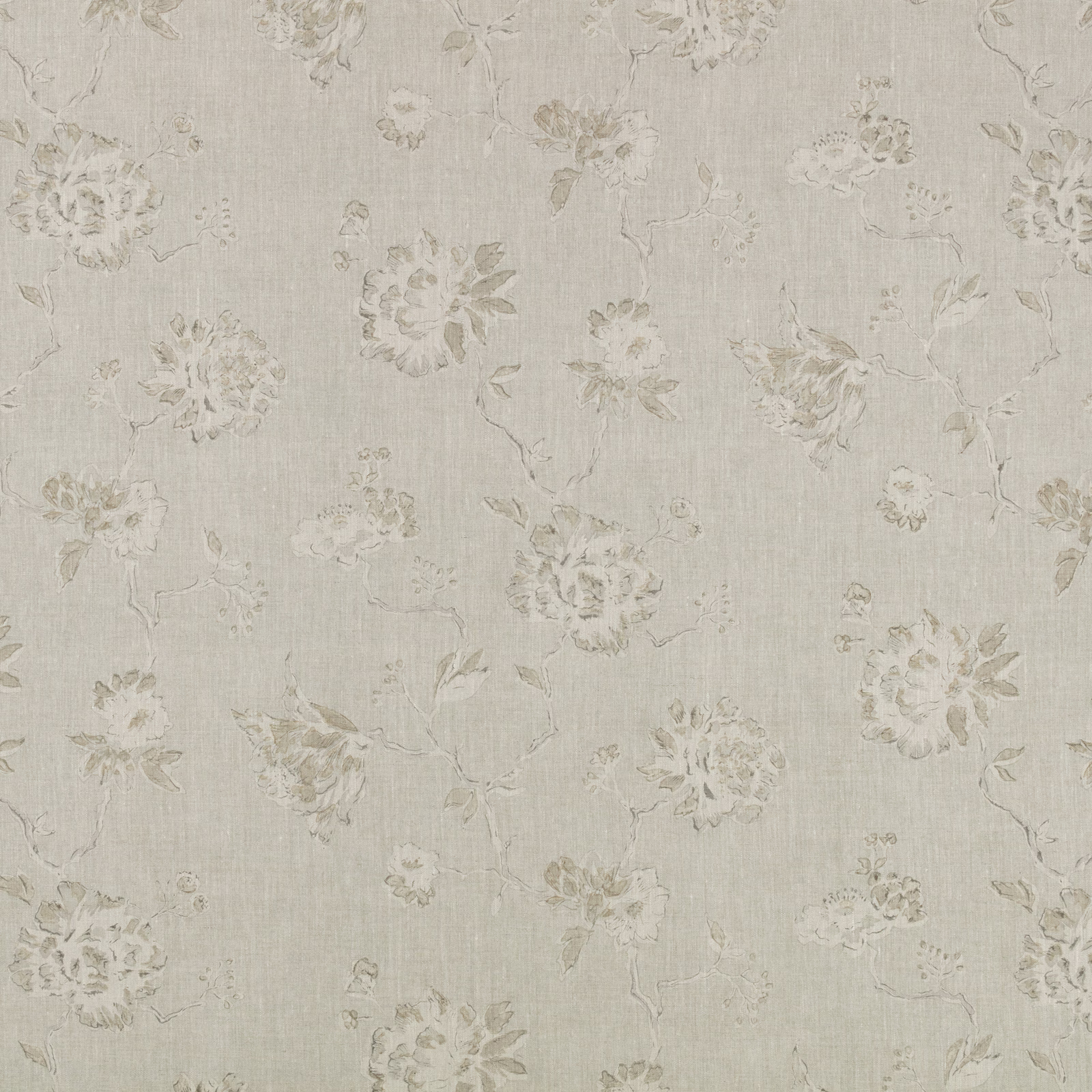Pale stone woven fabric with scattered faded taupe-grey floral sprays