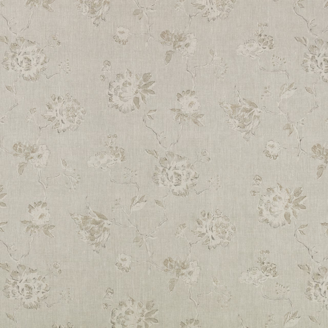 Pale stone woven fabric with scattered faded taupe-grey floral sprays