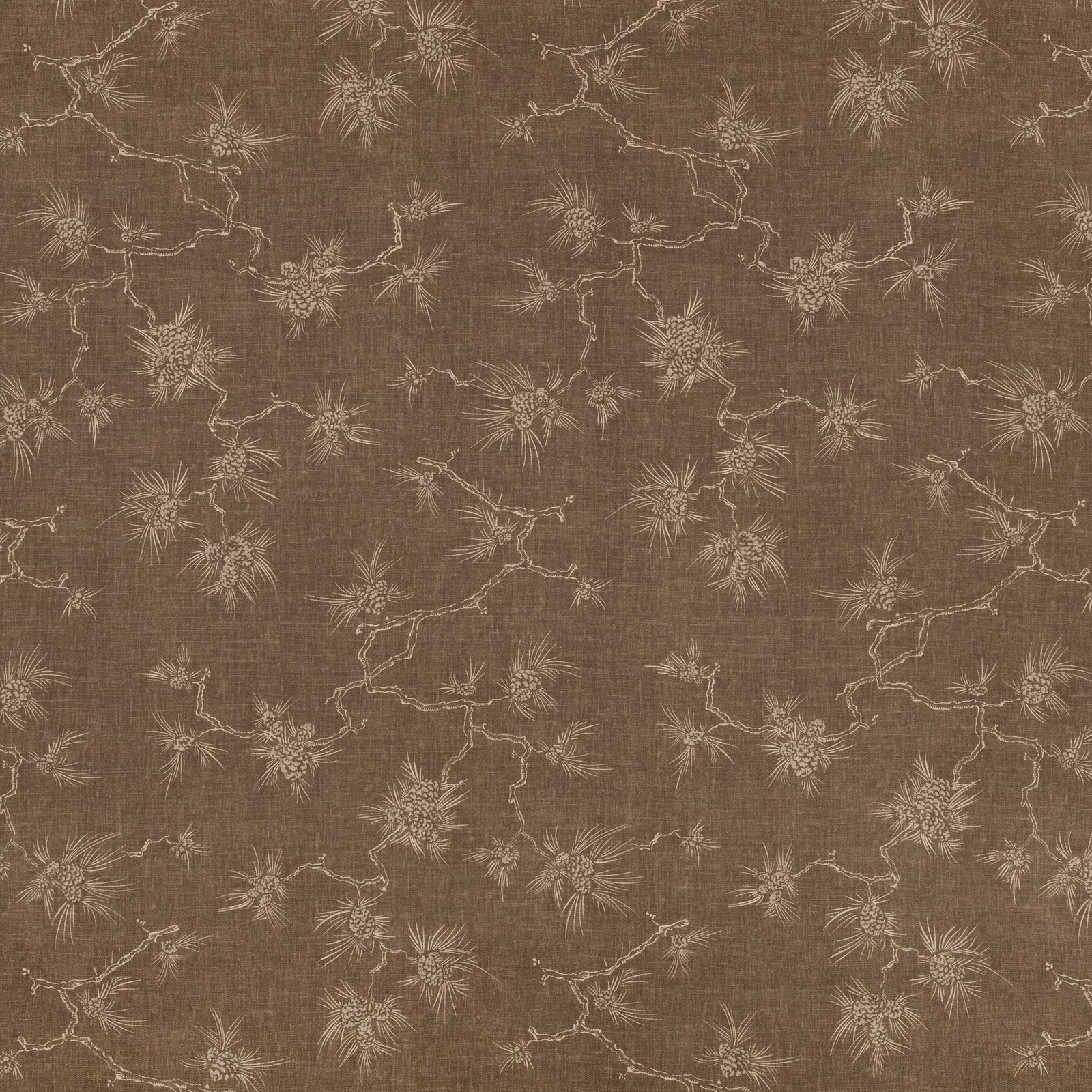Warm cumin-brown woven ground with pale branching stems and thistle-like blooms