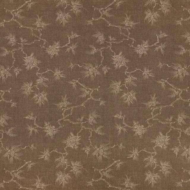 Warm cumin-brown woven ground with pale branching stems and thistle-like blooms