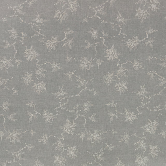 Cool blue-grey fabric with pale branching stems and delicate feathery blossoms