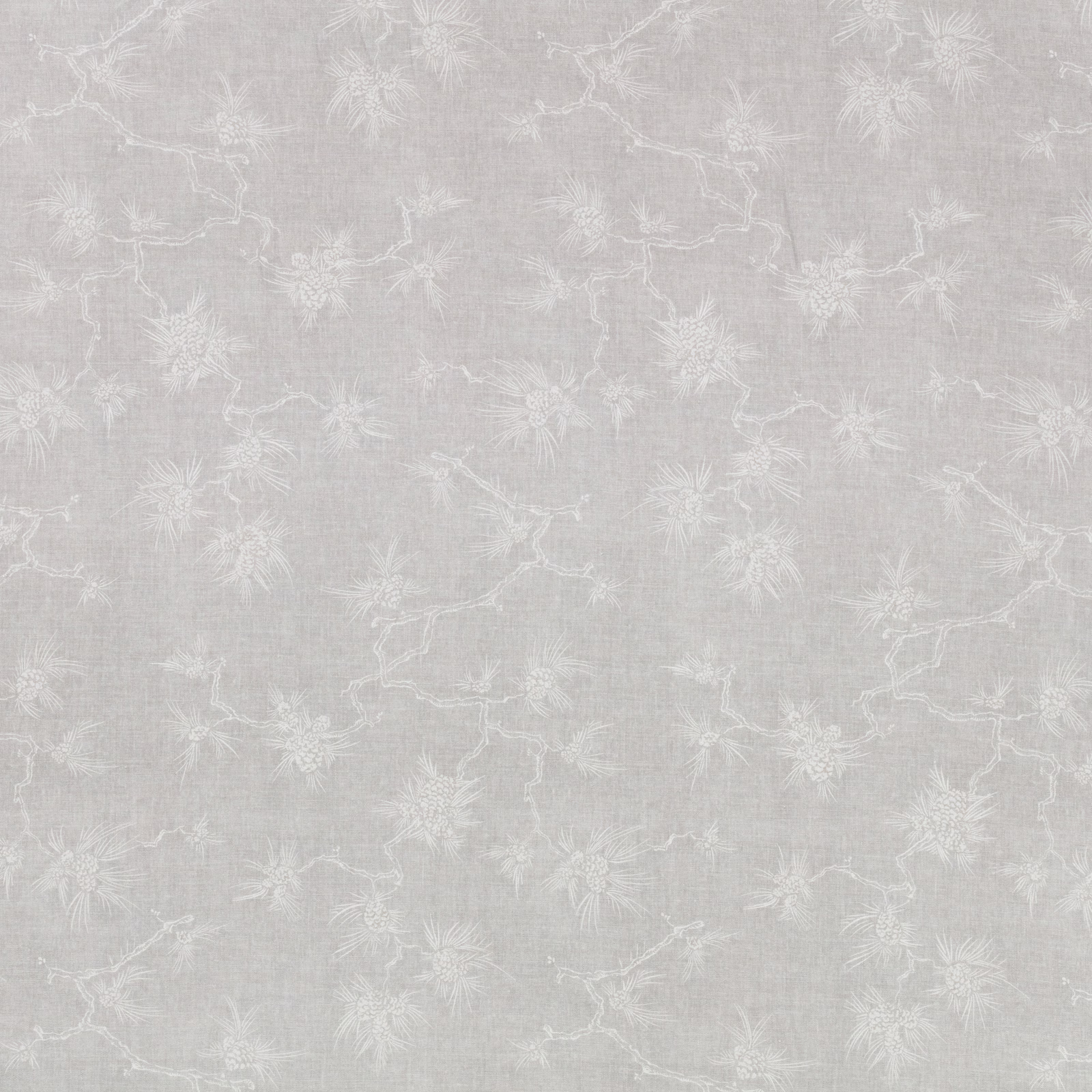 Pale silver-grey woven fabric with delicate white botanical branches and sprigs