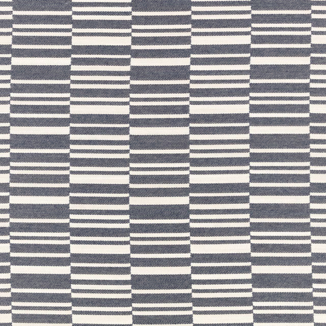 Deep indigo and ivory woven fabric with staggered horizontal geometric bars