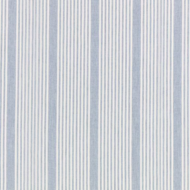 M666 Dove fabric with narrow and broad blue-grey vertical stripes on an ivory ground