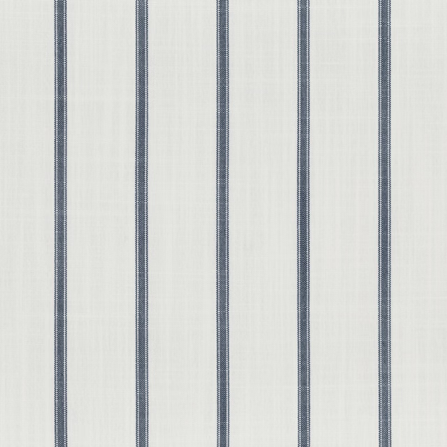 Muted ocean-blue ticking stripes woven across a softly textured ivory ground