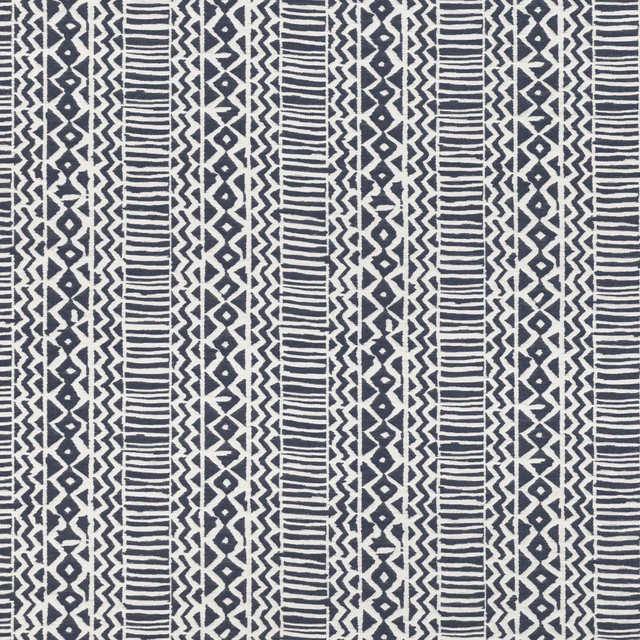 Cool indigo and ivory woven stripes with repeating zigzags and broken horizontal marks