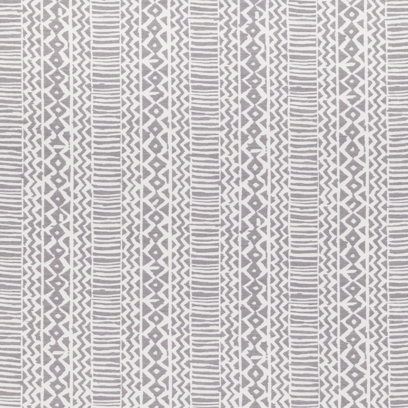 Cool silvery-grey woven fabric with white zigzag, diamond and stripe columns